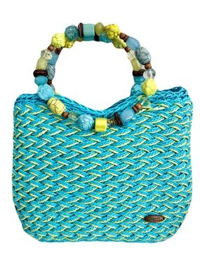 Cappelli Straworld Turquoise and Green Woven Straw Beaded Handle Bag